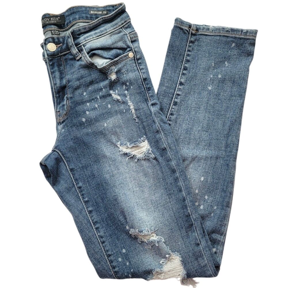 Judy Blue Womens Jeans 1/25 Boyfriend Fit Distressed Frayed Bleach Splatter